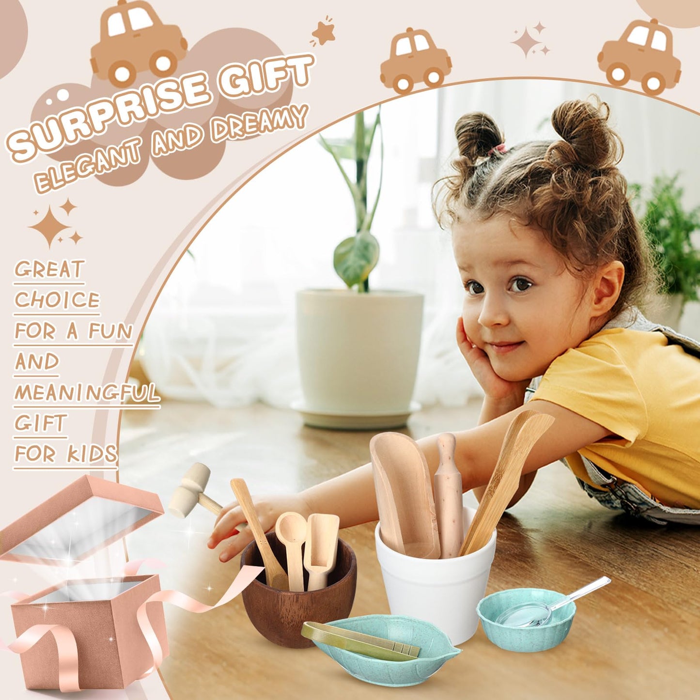 Tiangrid 14pcs Sensory Bin Tool Sensory Tools for Boys and Girls Fine Motor Skill Toys Wooden Tong Spoons Bowls Plate Hammer Magnifying Glass and Rolling Pin for Transfer Work and Fine Motor Learning