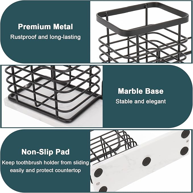 HarJue Toothbrush Holder, Luxurious Metal Toothbrush Toothpaste Holder with Marble Base for Bathroom, Multi-Slots Openwork Design, Bathroom Accessory for Storage and Organizer (Large, Matte Black)