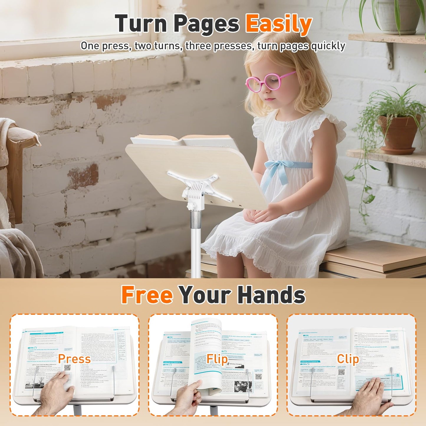TNNOP Rolling Book Stand with Wheels for Reading, Floor Standing Book Holder with Page Clips, 19"–51" Height Adjustable, Sturdy Podium Stand for Reading, Bible, Laptop, Cookbooks, or Projector