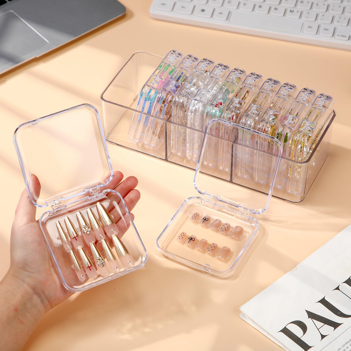 LemonRoad 24 Pcs Press on Nail Storage Box Container with 2 Big Box Organizer Case False Nail Organizer Acrylic Display Case Packaging Boxes with Adhesive Double Sided Tape for Nails Art