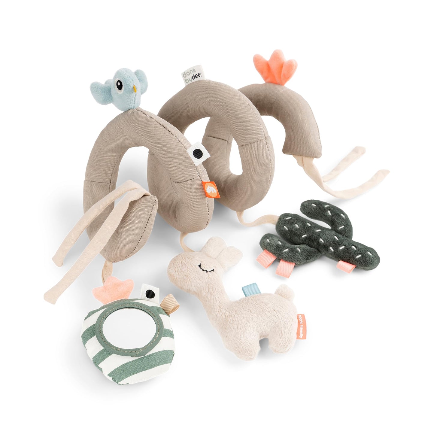 Done by Deer Car Seat Toys Hanging - Activity Spiral – Sensory Baby Toy with Mirror with Sound & Crinkle Sounds - Attachable to Cot, Carseat & Stroller - Soft & Baby-Friendly Materials