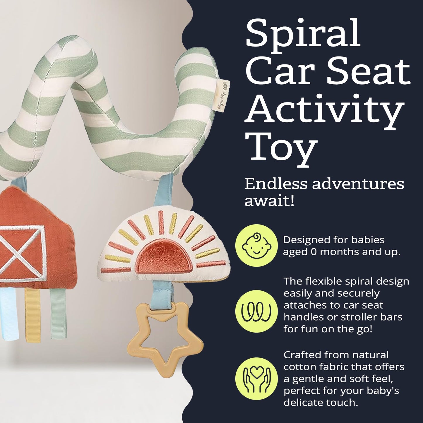 Itzy Ritzy Spiral Car Seat & Stroller Activity Toy - Stroller & Car Seat Toys for Ages 0 Months and Up - Hanging Toys Include Dangling Ring, Mirror and Textured Ribbons (Farm)