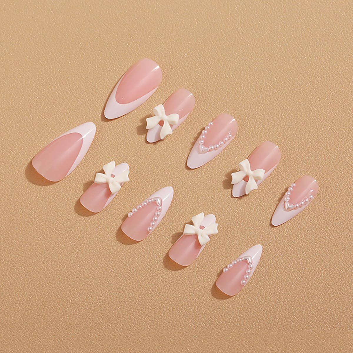 FDSQHSA 24 Pcs White French Tip Press on Nails Short Almond Gel False Nails with Pearl Designs Bow, Full Cover Stick on Nails for Women And Girl