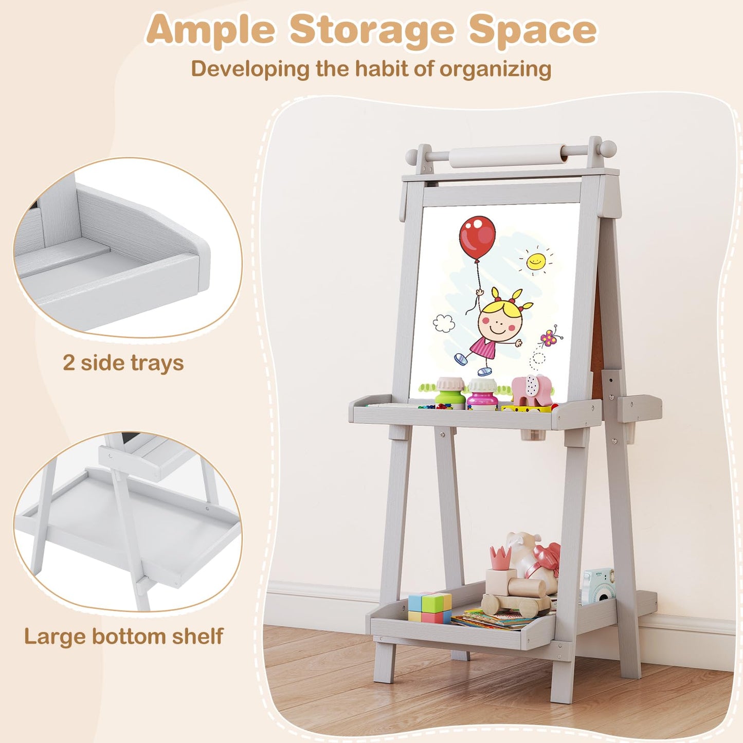 OLAKIDS Easel for Kids, 3 in 1 Adjustable Painting Art Board, Foldable Double-Sided Wooden Drawing Chalkboard Magnetic Whiteboard with Paper Roll, Storage Rack, Cups for Boy Girls (Gray)