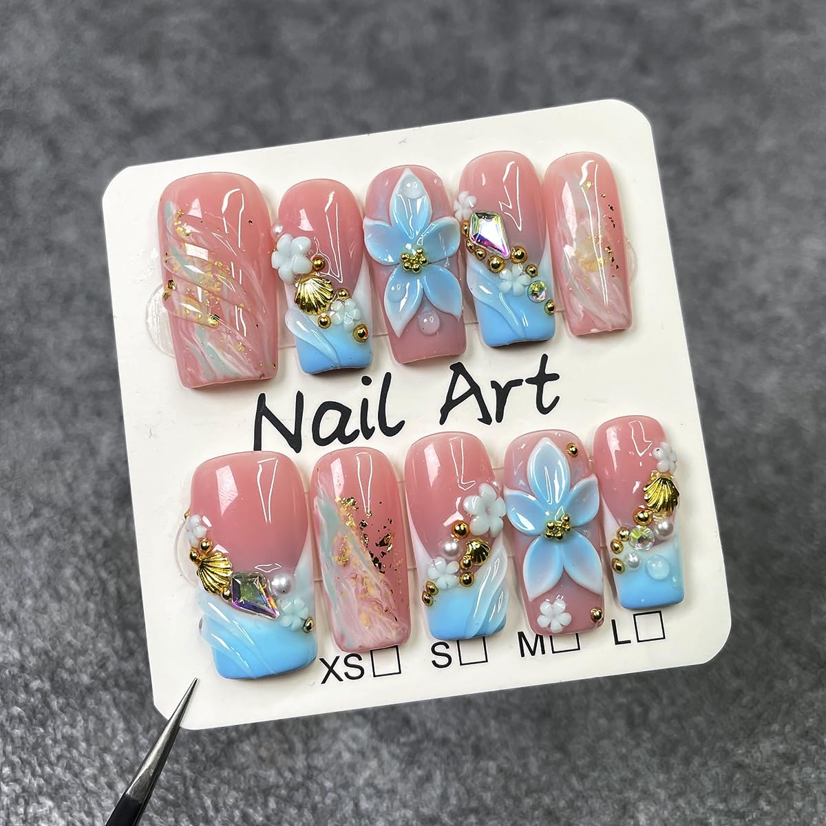 Handmade Press on Nails Medium Square Fake Nails Blue French Tip with 3D Flower Designs luxury Pearl Charm Glossy Cute Beach Acrylic Nails for Women 10pcs (Size M）