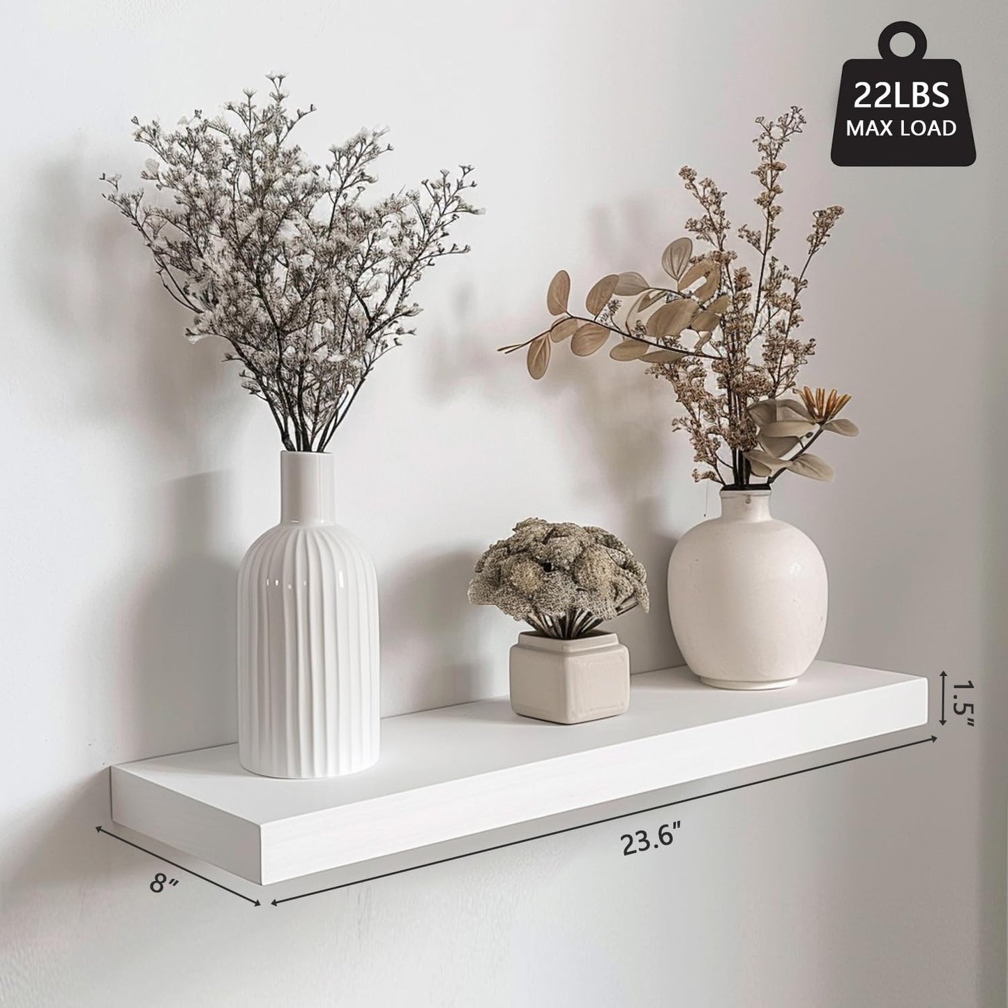 INHABIT UNION White Floating Shelves for Wall-24in Wall Mounted Display Ledge Shelves Perfect for Bedroom Bathroom Living Room and Kitchen Decoration Storage (Set of 2)
