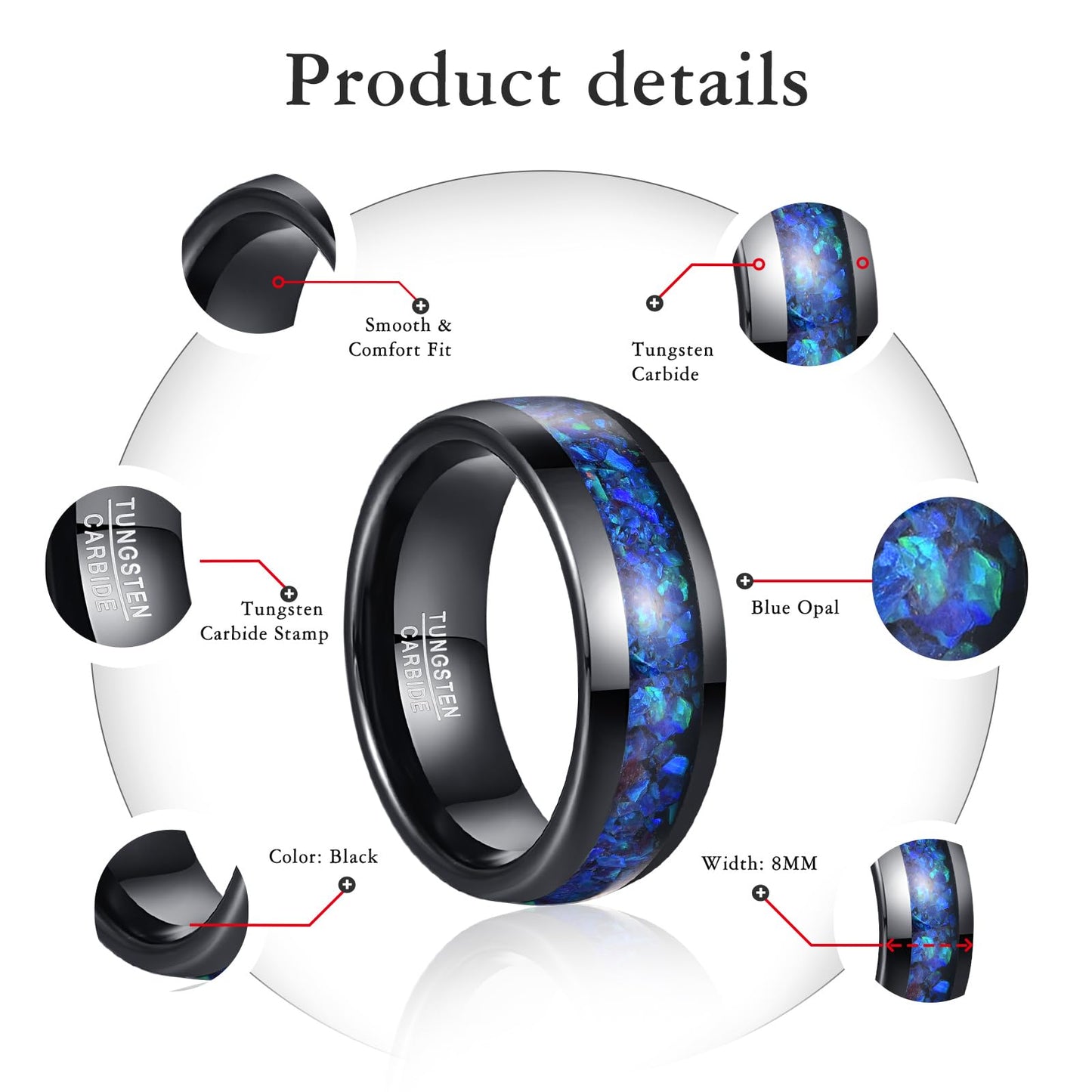 NUNCAD Black Wedding Ring Men Tungsten Blue Opal Ring Wedding Band Dome Polished Finish Comfort fit 8mm Sizes 8