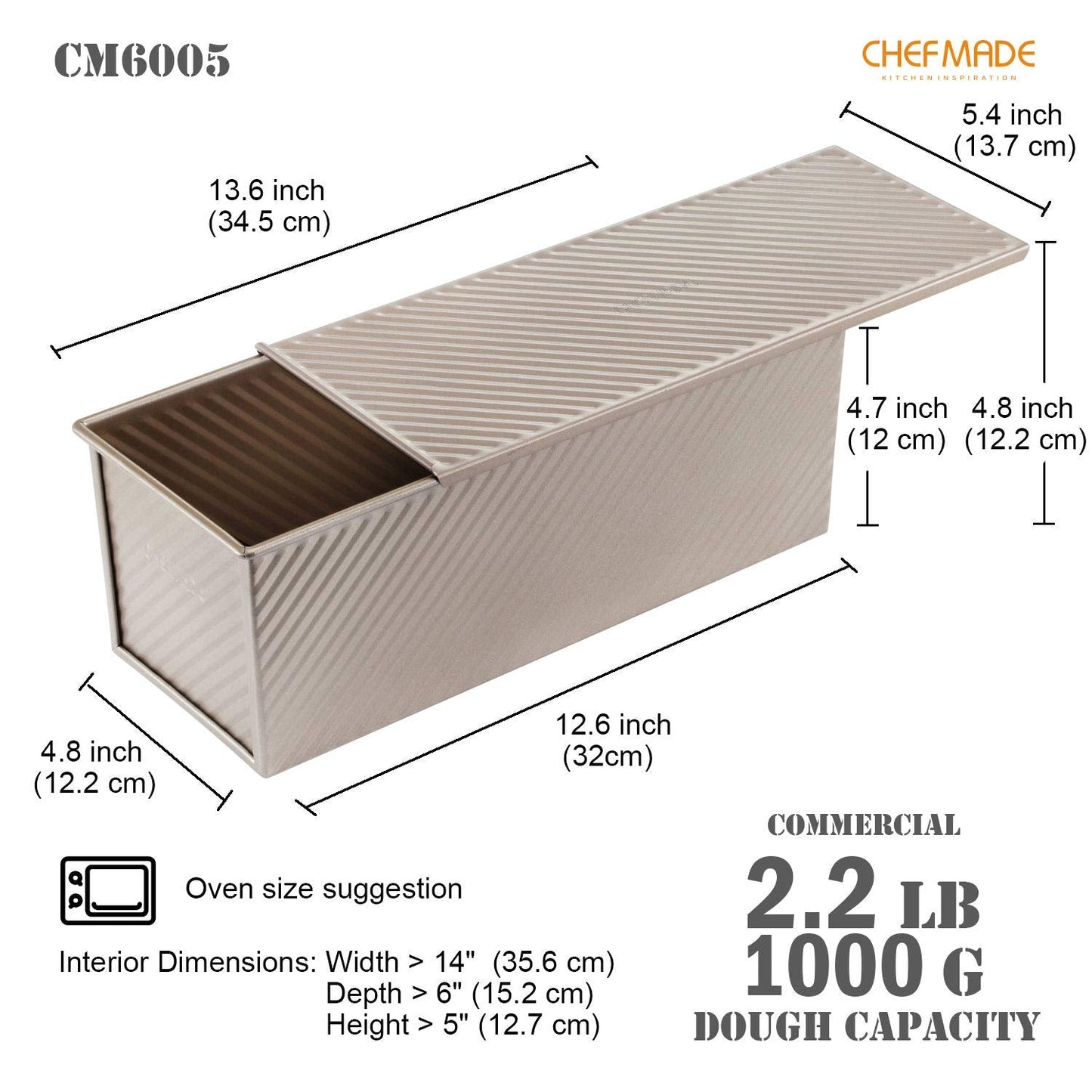 CHEFMADE Commercial Pullman Loaf Pan with Lid, 2.2Lb Dough Capacity Non-Stick Rectangle Corrugated Carbon Steel Bread Toast Mold with Cover for Baking Bread Dishwasher Safe (Champagne Gold)
