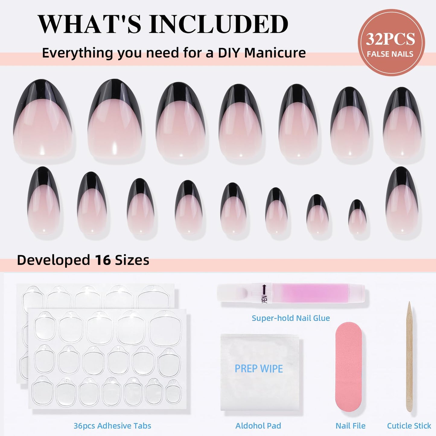 Sifvoo Black French Tip Press On Nails Short Almond, Glossy Reusable Press On Nails for Women, 32 Count 16 Sizes Nail Kit with Glue (SV-02)