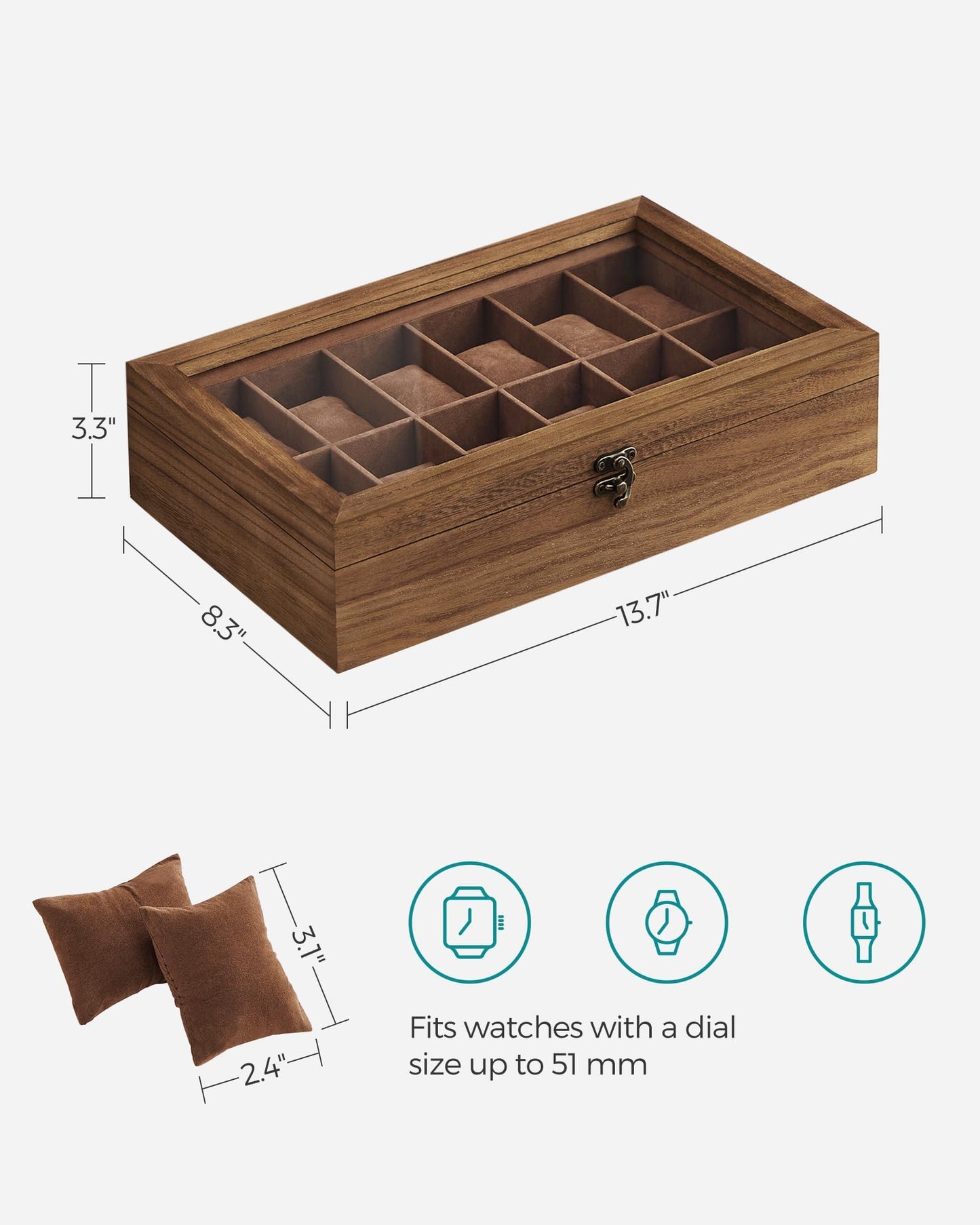 SONGMICS 12-Slot Watch Box, Watch Display Case with Large Glass Lid, Removable Watch Pillows, Velvet Lining, Gift Idea, Rustic Walnut UJOW120K01
