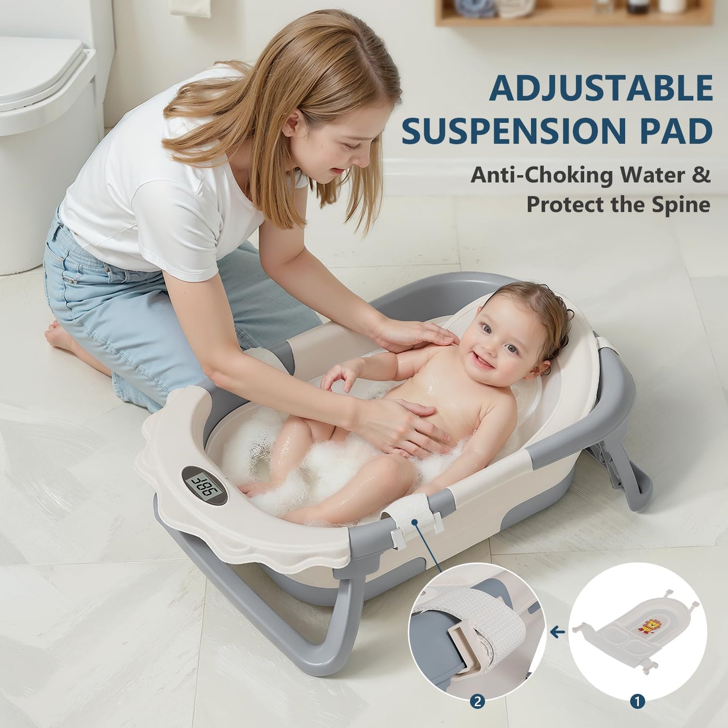 MoreFeel Foldable Baby Bathtub with Thermometer - 4-in-1 Grow-with-Me Collapsible Infant Tub (Newborn to Toddler) with Adjustable Mesh Sling - Space Saving Design