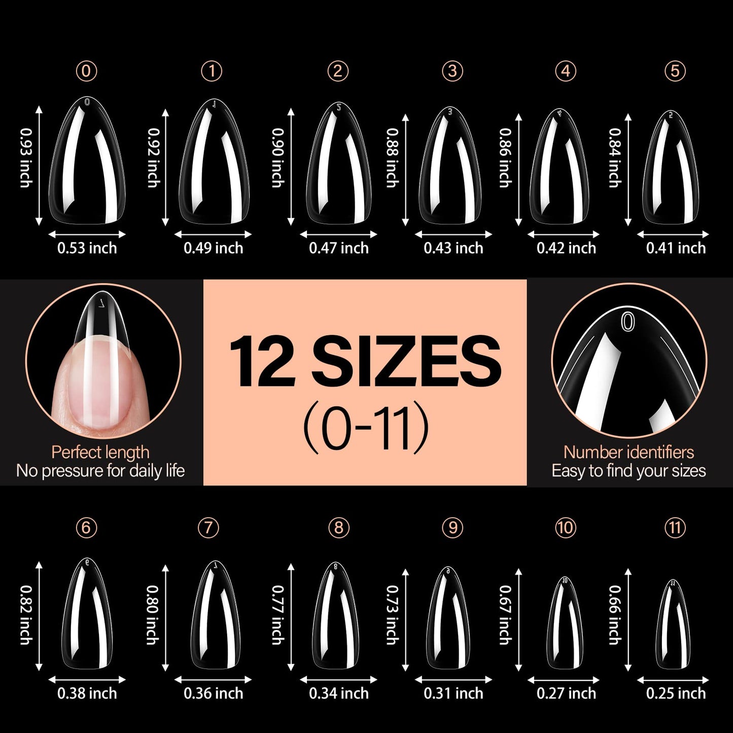 AILLSA Almond Nail Tips 504pcs Clear Nails Tips Gel Full Cover Nails Tip Medium Almond Shaped Fake Soft Nails for Press on Nail Extensions Home DIY Nails Salon- X (12 Sizes)
