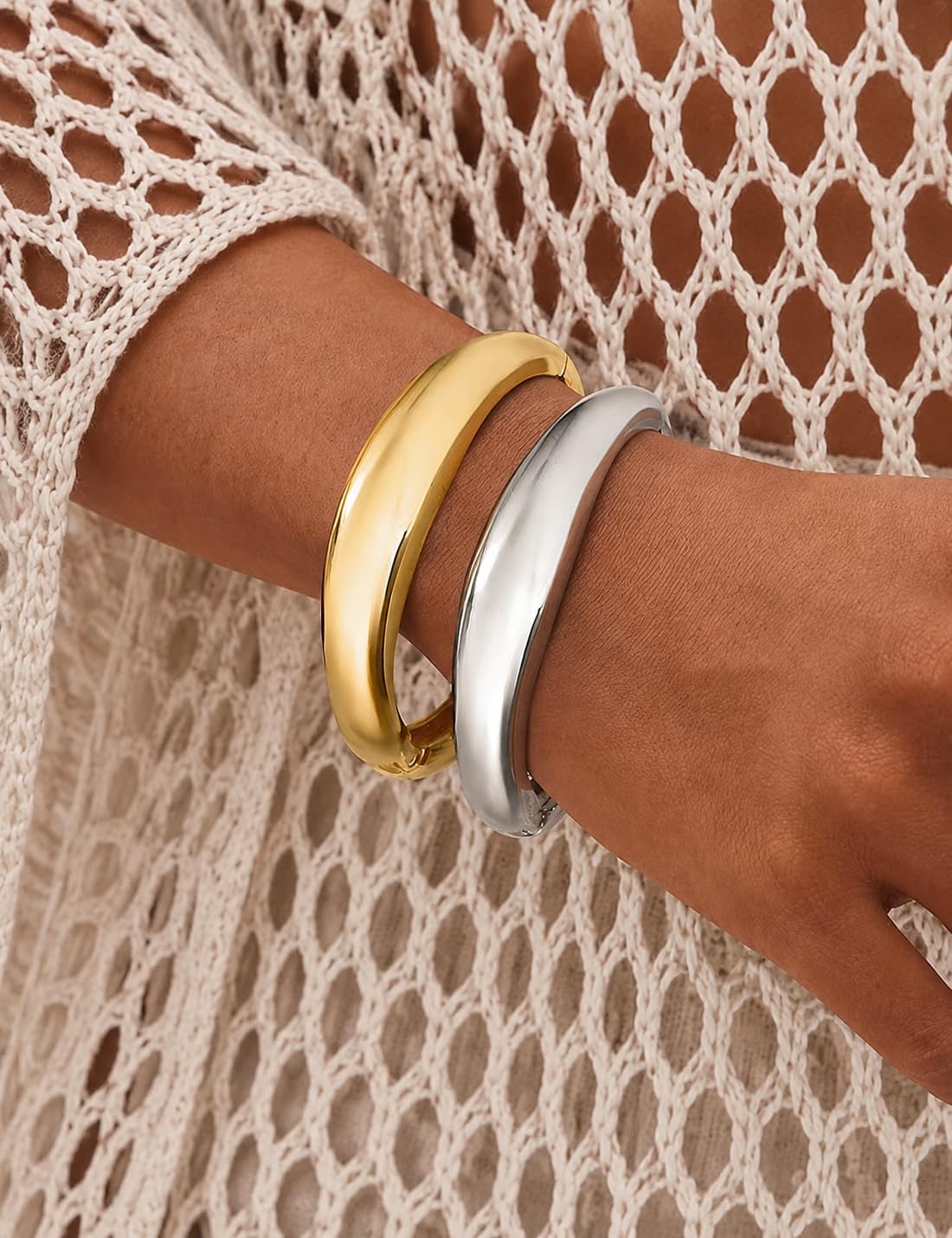 Chunky Gold Bangle Bracelets for Women, Dainty 14k Gold Plated Big Stackable Bangles Set, Trendy Statement Cuff Bracelet Stack Fashion Jewelry Gifts (2 Silver & gold bangles)