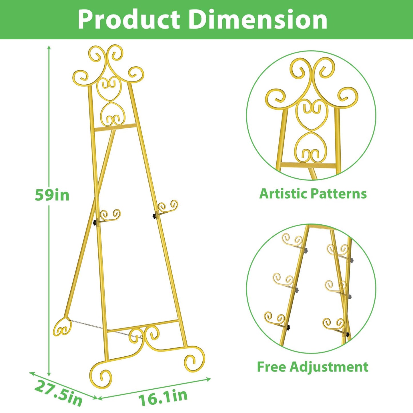Skcoipsra 59IN Gold Easel Stand for Sign, 3 Tier Adjustable Larger Wedding Welcome Sign Holder, Art Poster Display Stand Free Standing with Chain