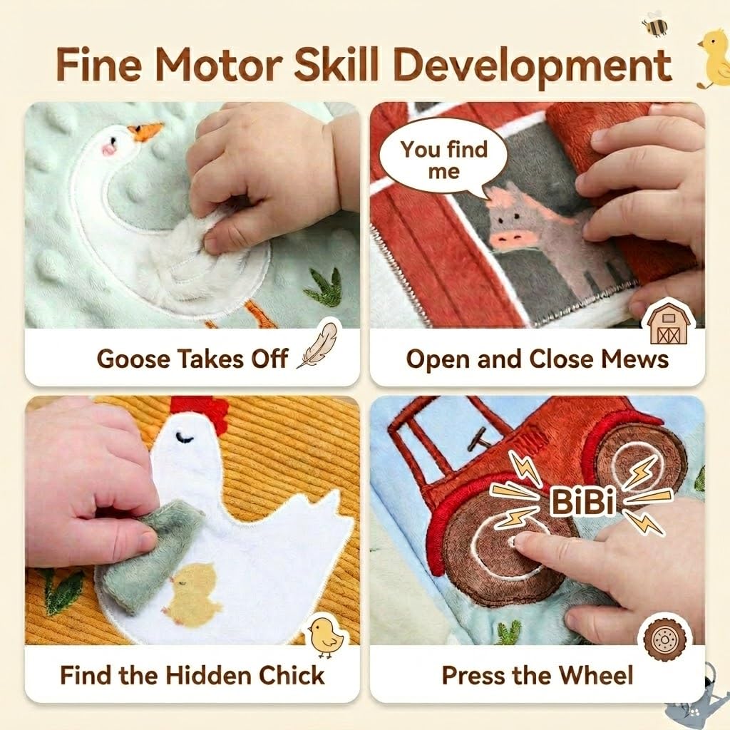 let's make Interactive Soft Baby Book for Babies 0-12 Months, Farm Story Sensory Cloth Book with Teether & Mirror, Newborn Tummy Time Activity Toy, Crinkle Stroller Toy for Infants
