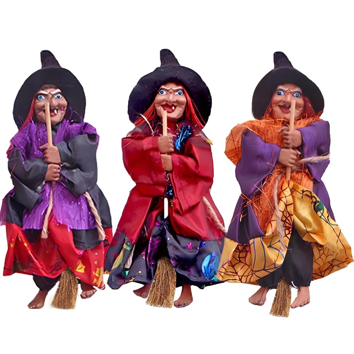 Gawertoy Halloween Witch Ornaments 3 PCS, 8" Flying Witch Figures on Broomsticks, Haunted House Hanging Props