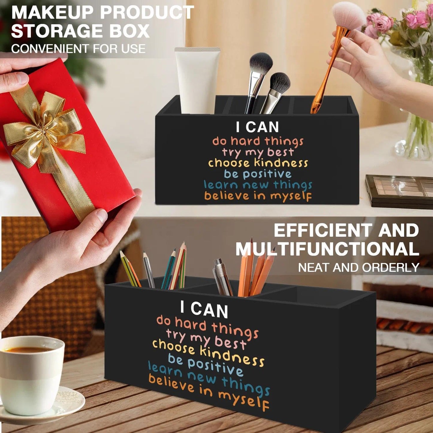 LIANGEAGOM Inspirational Pen Pencil Holder Organizer for Desk Accessories, Boho Classroom Decor, I Can Do Hard Things Motivational Wooden Box Signs Decorations for Counseling Office Desk Tabletop
