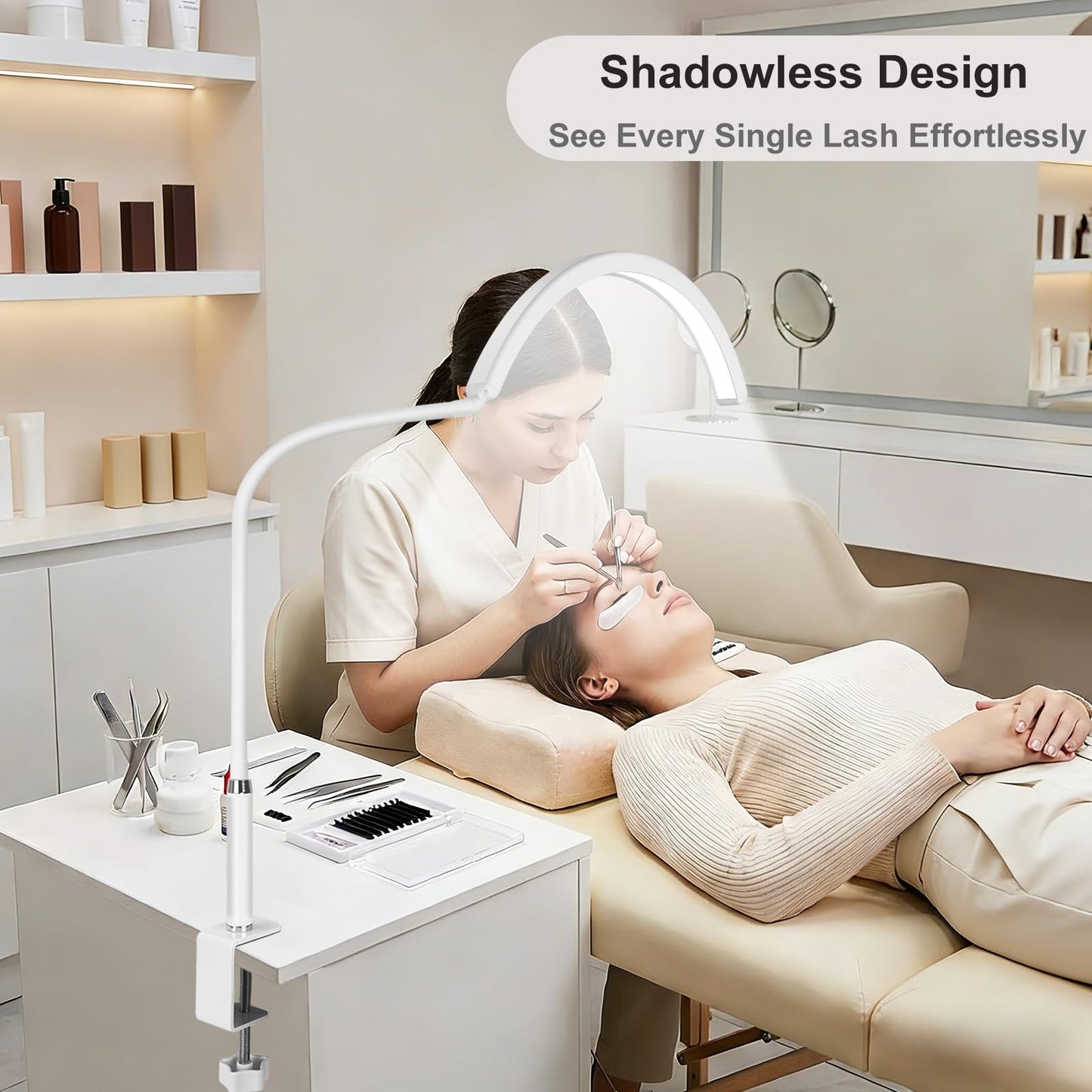Half Moon Light for Nail Desk - Professional Shadowless LED Manicure Lamp with Clamp, 3 Color Modes & 10 Brightness Levels, Eye-Caring Beauty Lamp for Eyelash Extensions, Tattoo, Estheticians