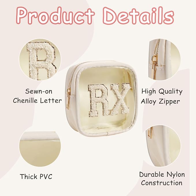 Small Chenille Letter Clear Medicine Makeup Bags,Nylon PVC Waterproof Rx Pouch with Metal Zipper, Cute Drug First Aid Travel Organizer for Women Girls(06Beige)