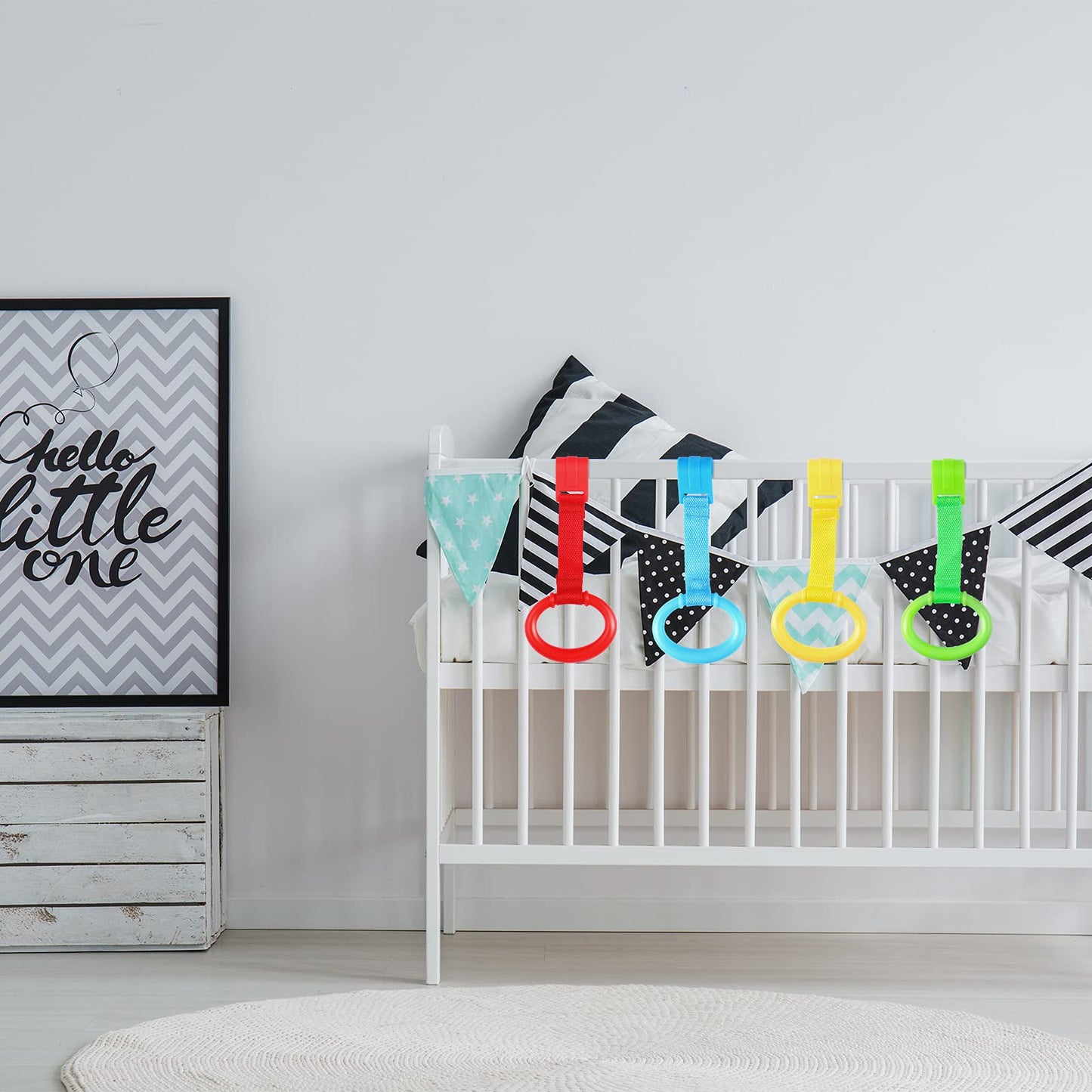 Sumind 8 Pieces Baby Pull up Rings for Playpen Baby Crib Pull Ring Baby Walking Exercises Assistant Bed Stand up Hanging Tool for Infant Toddler Practice
