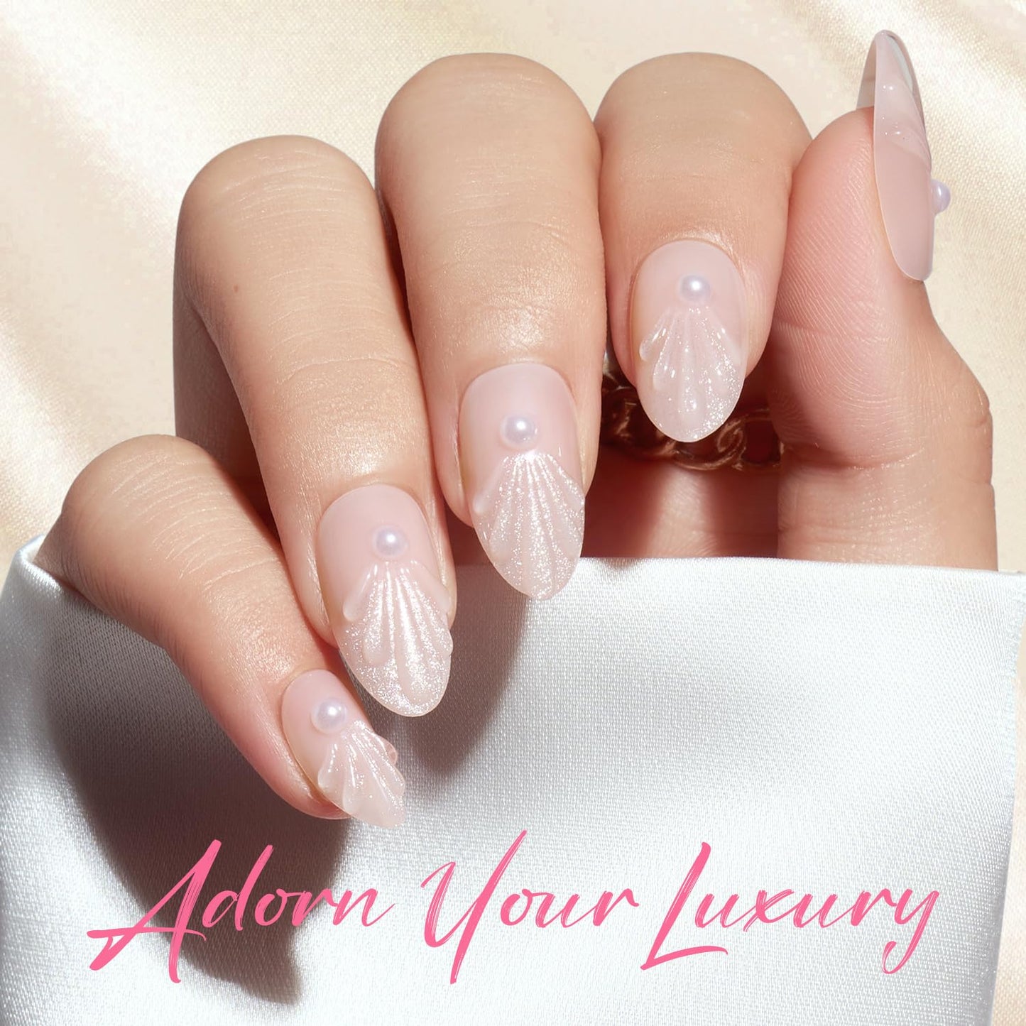 Modelones French Tip Press on Nails Almond, Short Almond Fake Nails, Semi-Transparent Soft Nail Kit with Nail Glue Adhesive Tabs Nail File, Spring Nails Press Ons 30Pcs 15 Sizes, Shell Pearl