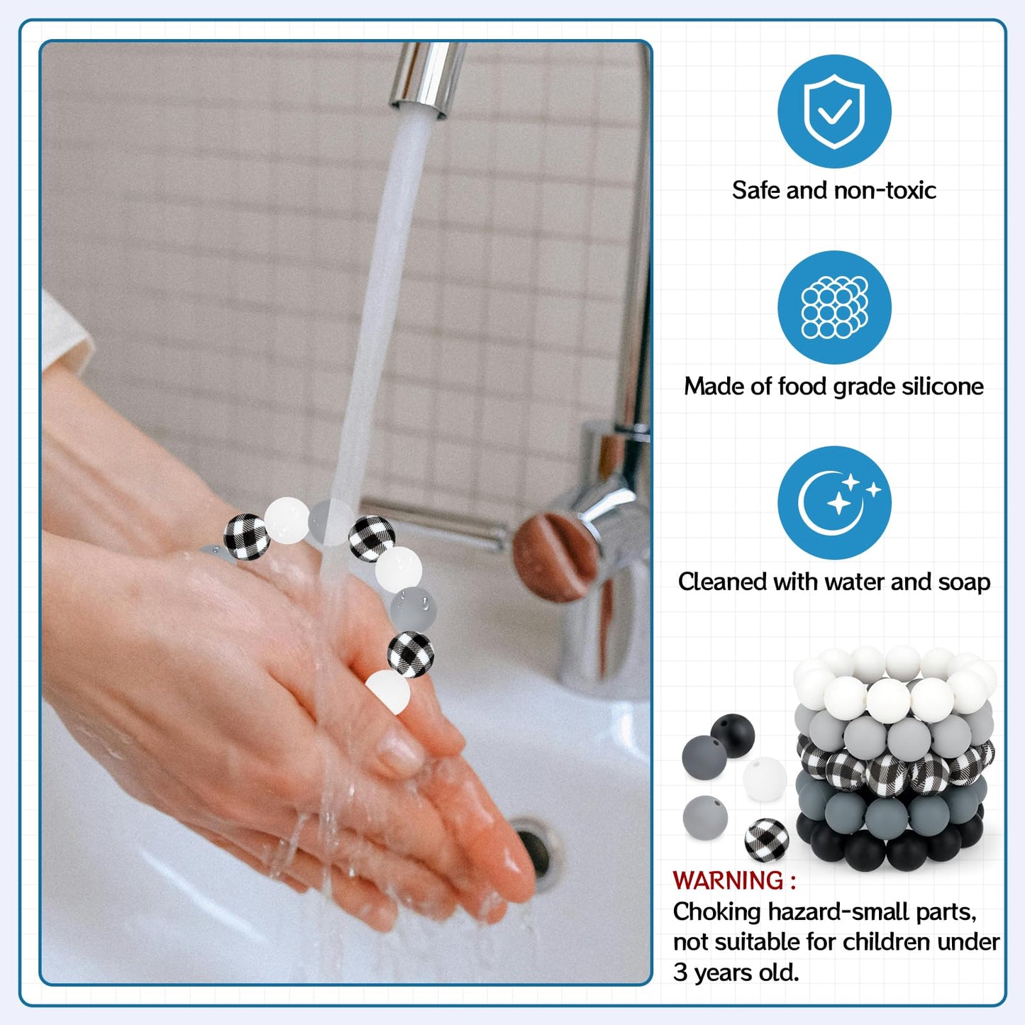 SALUOKE 100 Pcs 15mm Silicone Beads for Keychain Making, Pink Gream Silicone Beads Bulk Round for Bracelets Pens Crafts Jewelry Making (Black White)