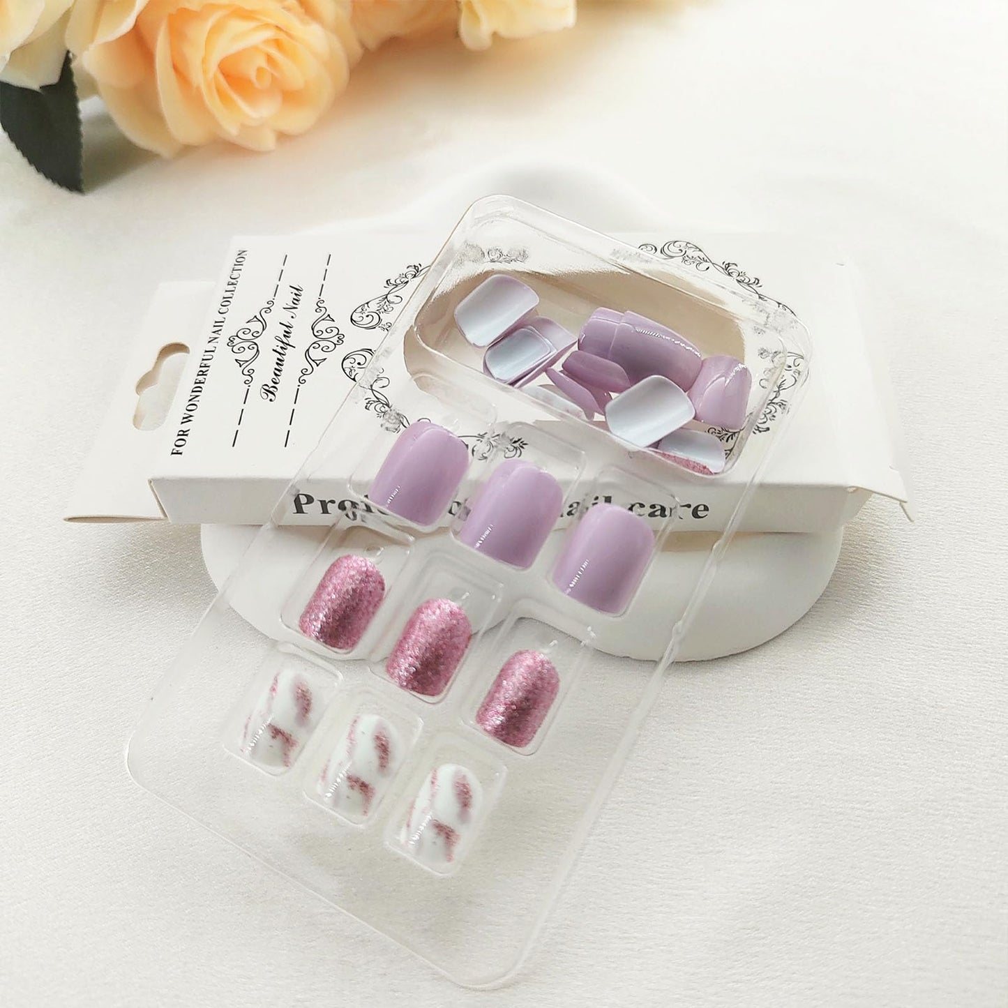 Extra Short Press on Nails Square Fake Nails Press ons Glitter with Marbling Design Acrylic False Nails White Artificial Glossy Glue on Nails Lilac Full Cover Stick on Nails for Women Manicure 24 Pcs