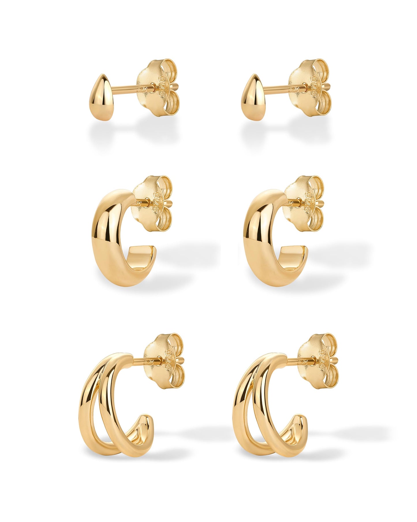 PAVOI 14K Yellow Gold Plated 925 Sterling Silver Posts 3-Pair Statement Earscape Earrings for Women - Three Set Double Huggie Multi Hoop Teardrop Stud Stack Piercing Pack