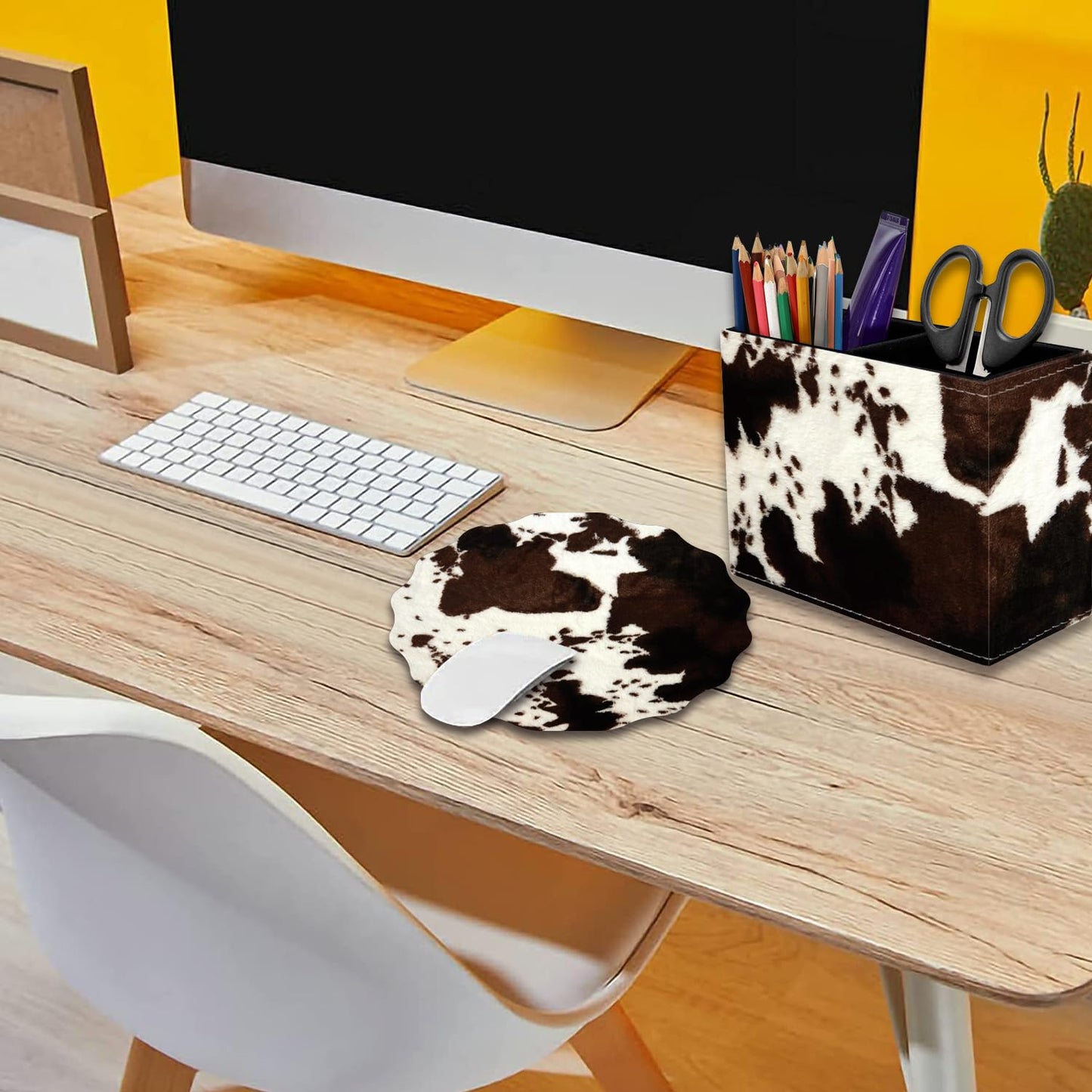 VSHSEEOM Pen Holder for Desk, PU Leather Multifunctional Desktop Storage Box and Anti-Slip Mouse Pad Set, Makeup Brush Holder Pen Organizer for Office and Home - Cow Hide Print