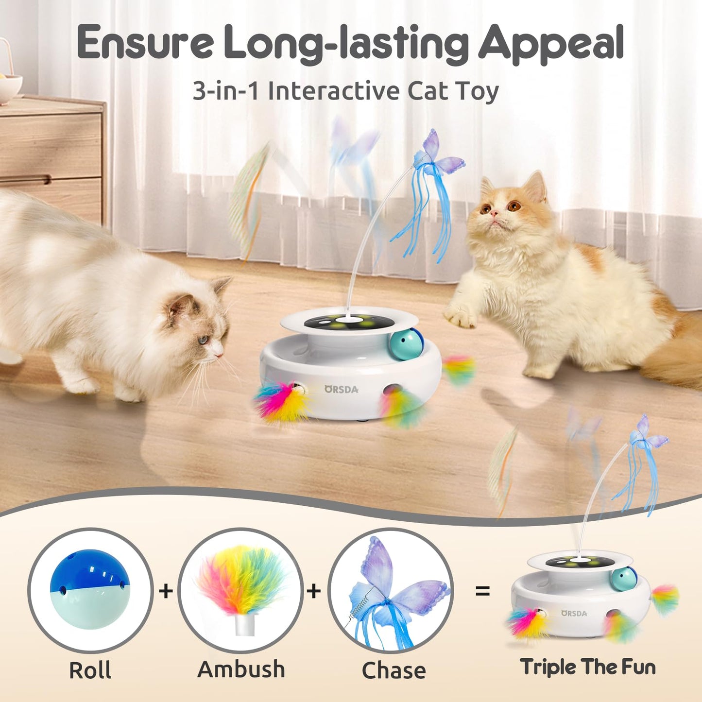 ORSDA Cat Toy, 3-in-1 Automatic Interactive Electronic Moving Ambush Feather, Fluttering Butterfly, Track Balls, USB Rechargeable Powered Smart Indoor Exercise Kicker