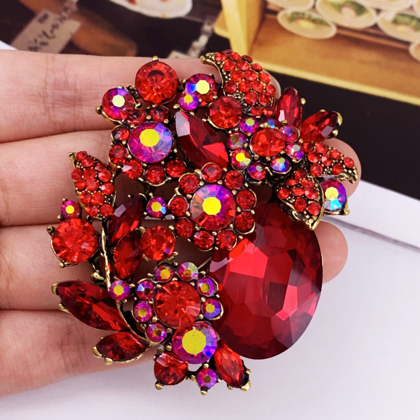 SELOVO Women's Sparkly Flower Red Rhinestone Crystal Brooch Pendant Pin
