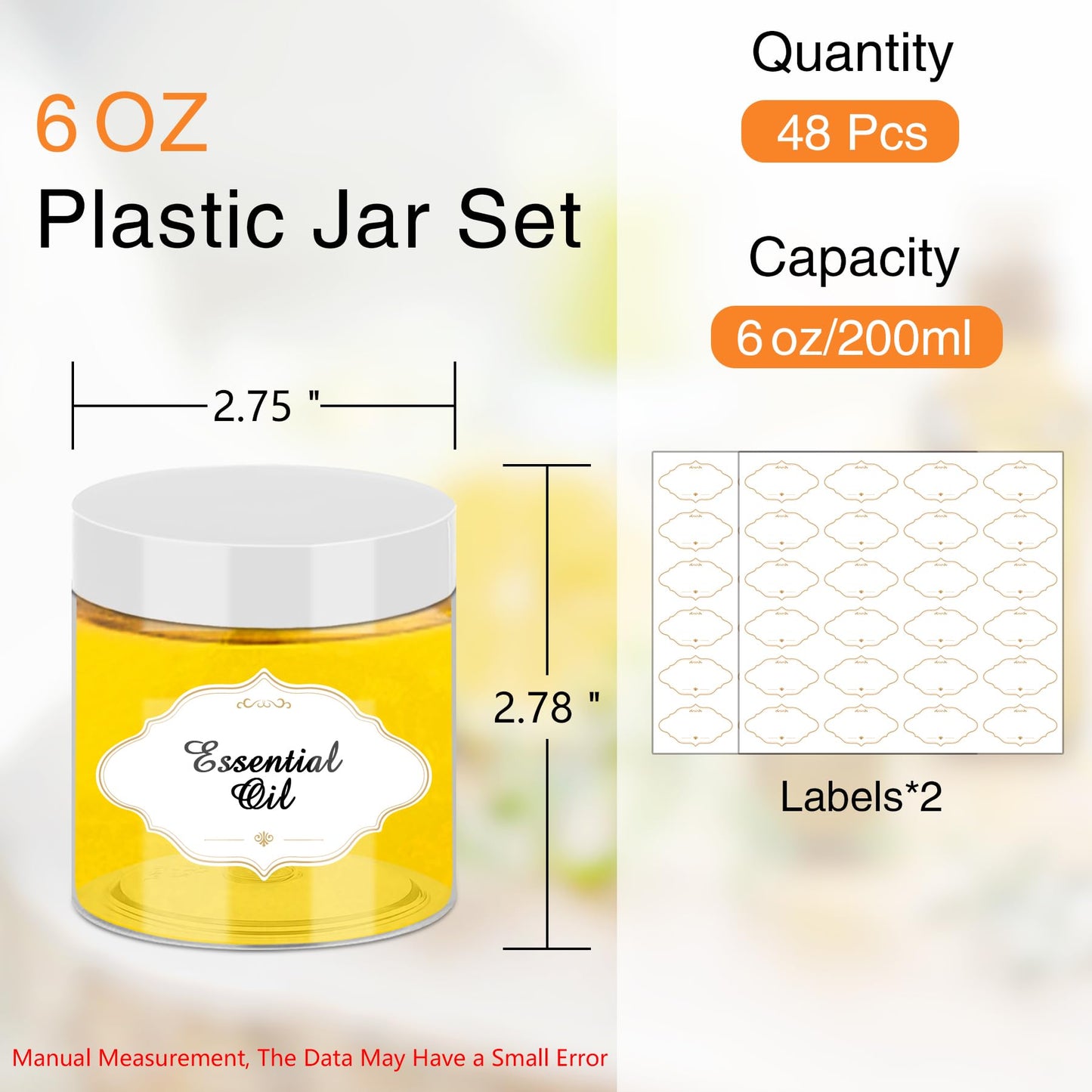 PeacePeo Plastic Jars 6 OZ, 48 Pcs Plastic Jars with Lids Round Wide Mouth Slime Containers with White Lids Empty Small Storage Jar for Travel, Home Kitchen Food, Arts Crafts