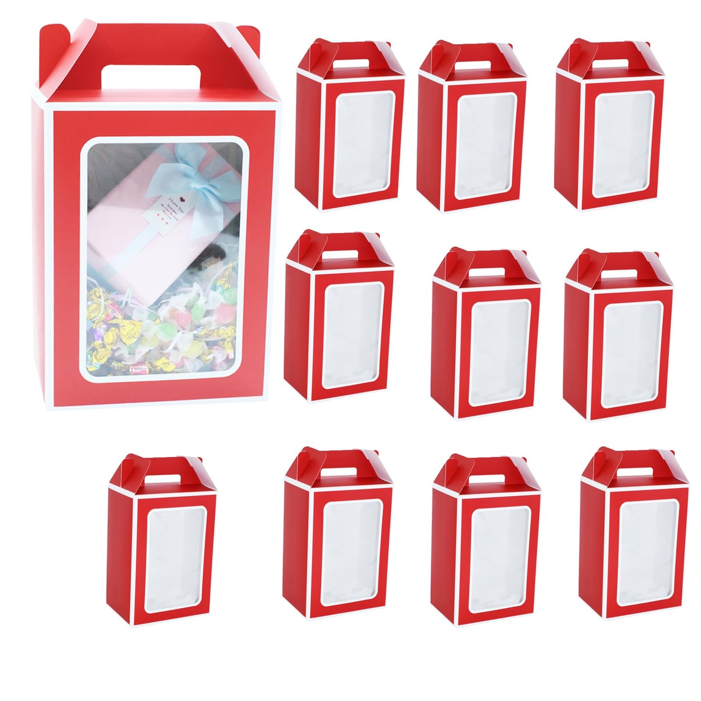 KNNSRE 12 Pcs Clear Gift Bags with Transparent Window Gift Boxes Candy Boxes Flower Boxes 9.8x5.1x7.1 Inch Medium Paper Bags with Handle For Party Business Birthday Wedding Present (RED)