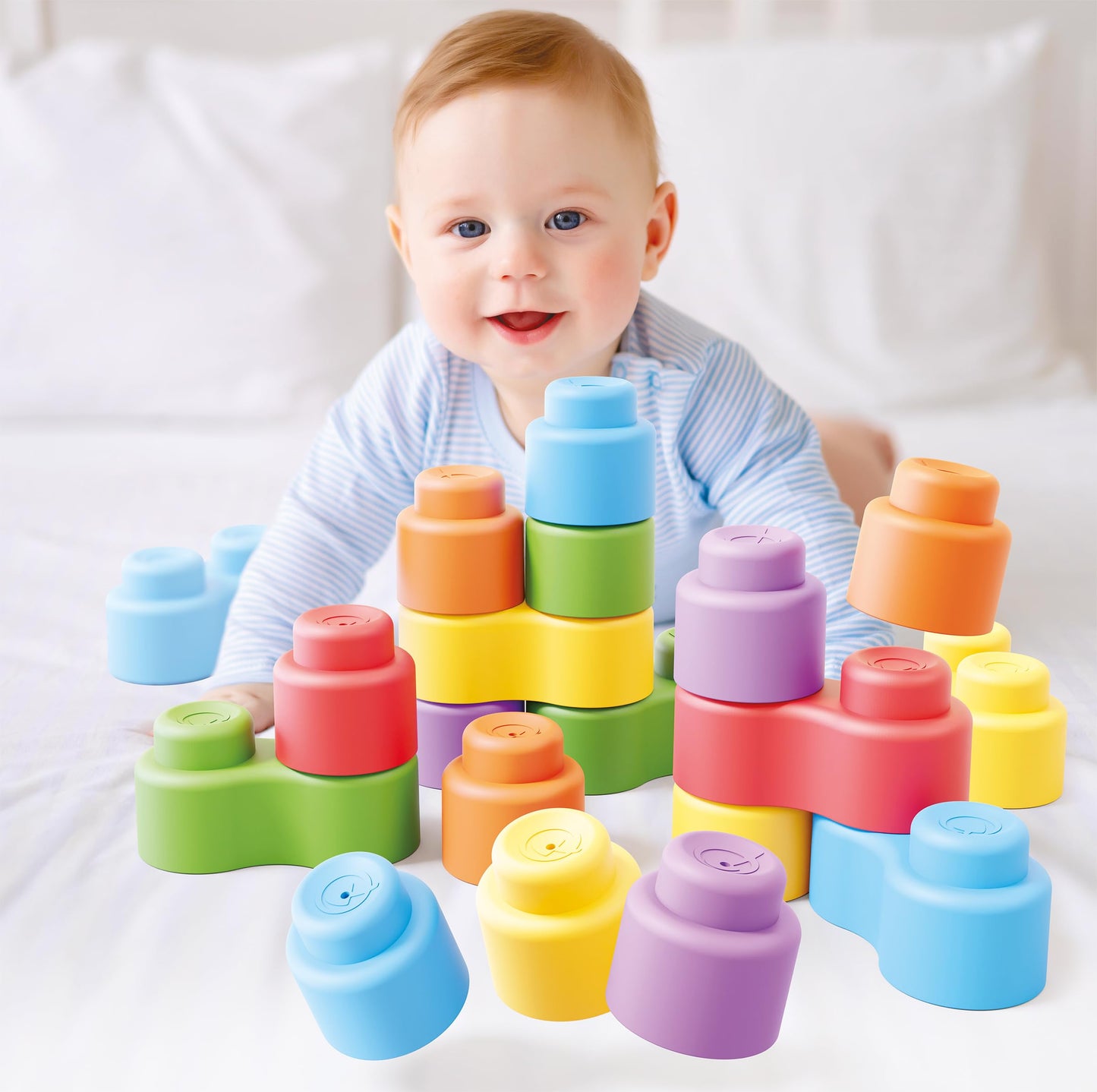 Quercetti: MOMY Soft - 24pc Blocks Set, Colorful Washable Shapes, Sorting & Stacking, Construction Toy, Safe Early Development Play, Baby-Toddler 6mo+