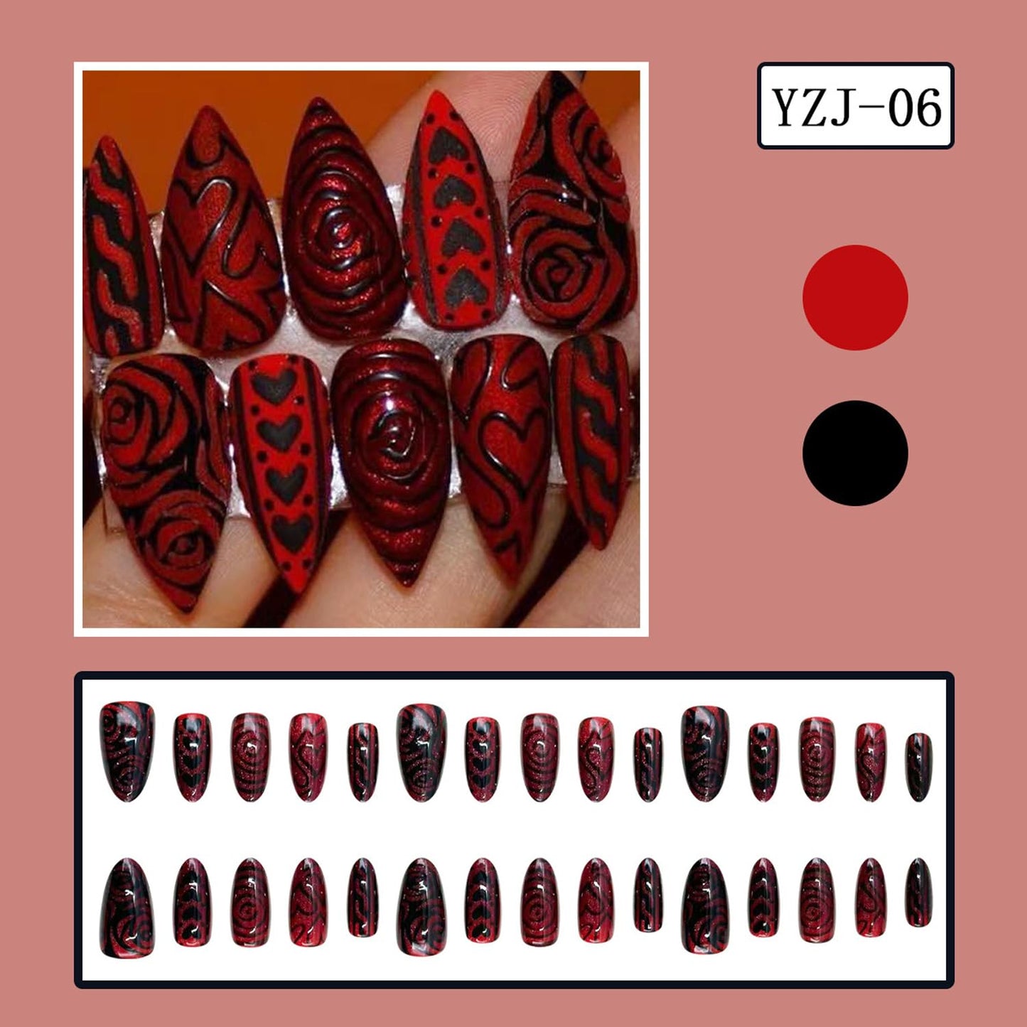 30Pcs Valentines Red Press on Nails Medium Almond Fake Nails Black Rose Flower Heart Designs Stripe False Nails Red Glitter Full Cover Glossy Festive Gel Acrylic Glue on Nails for Women Manicure Decor