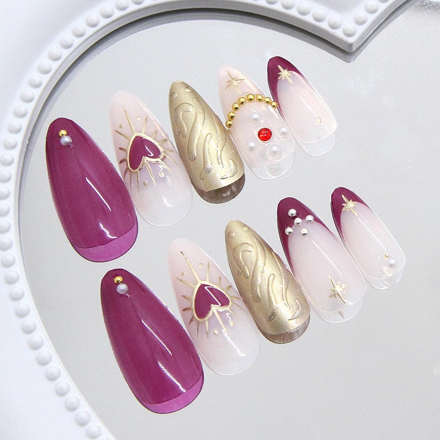 MISUD Press on Nails - Medium Almond Fake Nails with Purple French Tip, Acrylic Gold Chrome Design 24 pcs