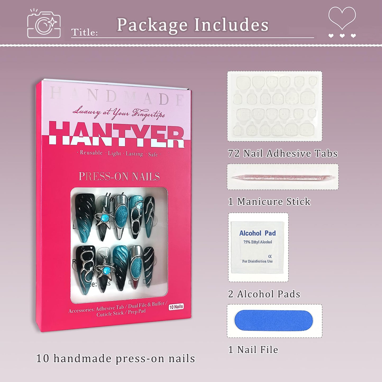 Hantyer Long Stiletto Press On Nails, Handmade Soft Gel Turquoise & Black Abstract Fake Nails with Unique 3D Ring & Metallic Swirls, Statement Reusable False Nails 10PCS Kit (Size XS)