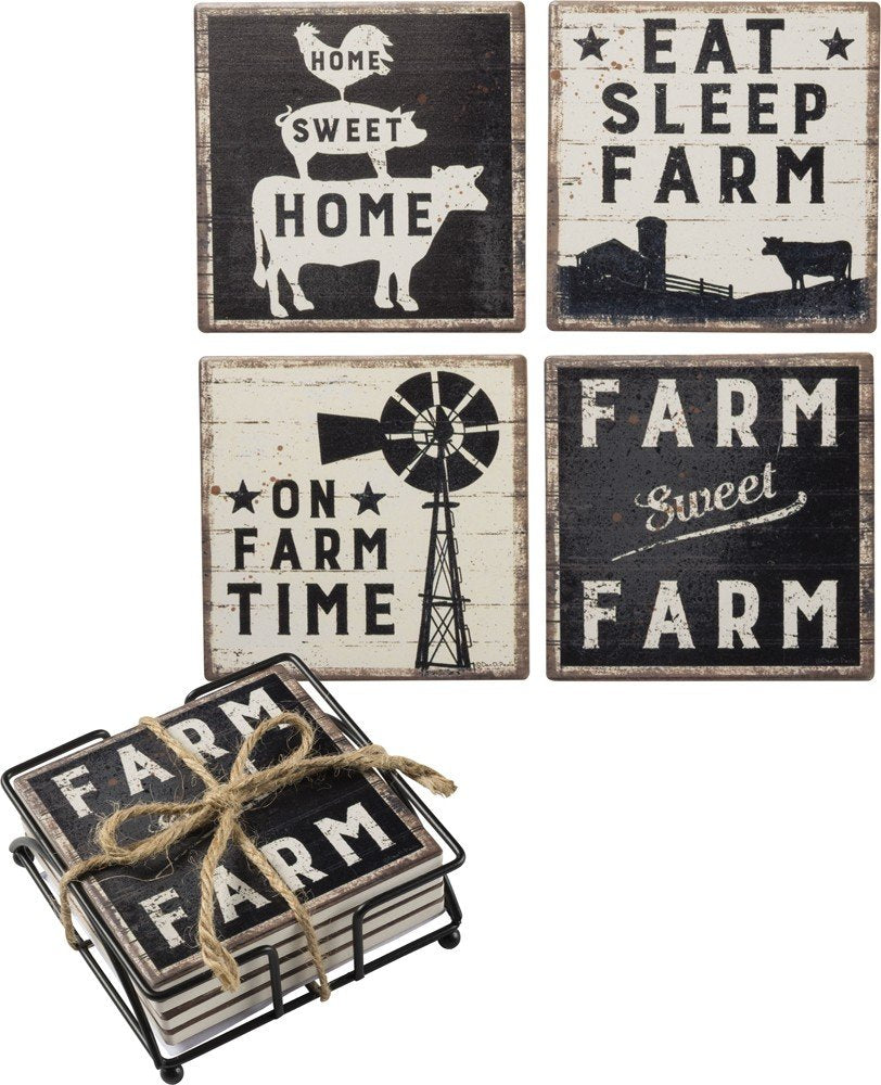 Primitives by Kathy Set of 4 Absorbent Stone Coasters, Rustic Farmhouse Coaster Designs, Farm Sweet Farm, Includes Wire Holder, Slatted Wood Style with Distressed Details, 4 by 4 Inches Each
