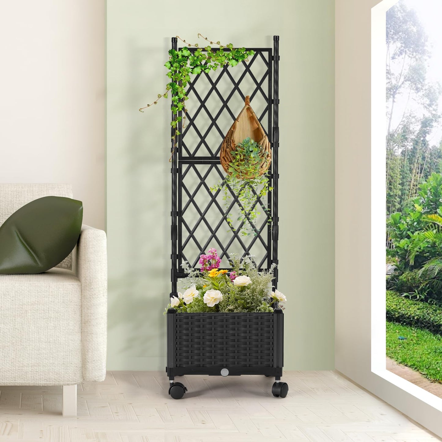 FOLLOOK Planter Box with Trellis, 4ft Tall Self-Watering Plastic Raised Garden Beds and Lattice Trellis with Lockable Wheels & Drain Plug for Outdoor Patio Backyard Balcony, Black, 1 Pc