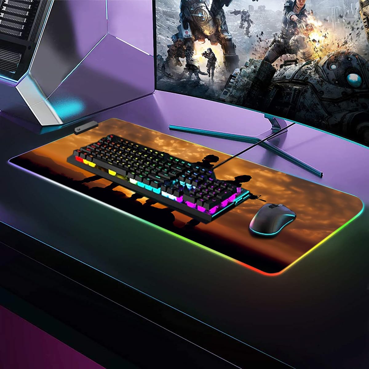 ZOXOHO RGB Gaming Mouse Pad with Coffee Coaster, Large Glowing LED Mouse Pad, Anti-Slip Rubber Base Computer Keyboard Desk Mouse Mat 31.5 X 11.8 Inch, American Army Troops Military