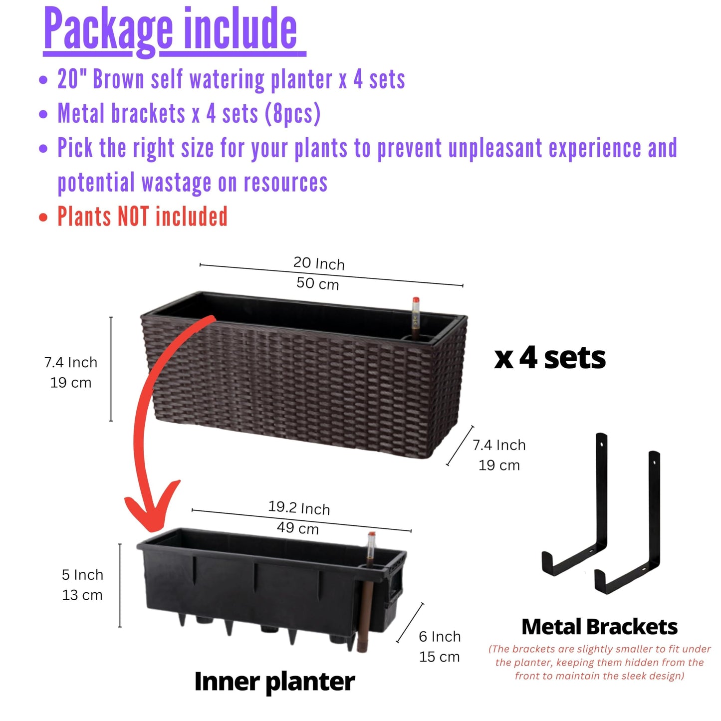 LaLaGreen Wall Planters Outdoor (20 Inch, 4 Pack) Brown Rectangular Window Flower Boxes with Brackets Self Watering System, Vertical Wall Mounted Plant Pot Container Herb Garden Balcony Indoor Decor