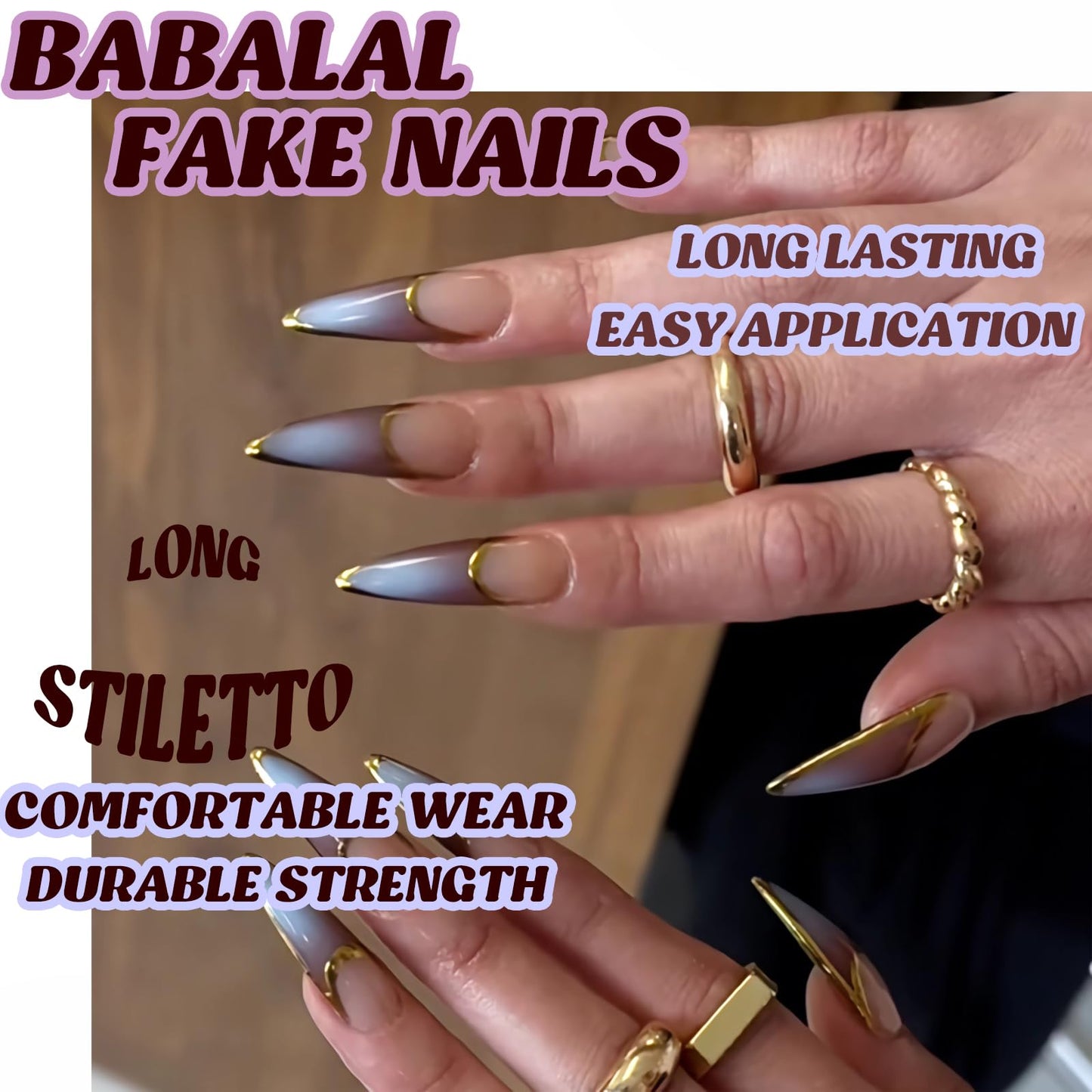 BABALAL Stiletto Press on Nails Long Fake Nails French Tip Brown Ombre Glue on Nails Chrome Acrylic Nails Almond Full Cover Gel Artificial Stick on False Nails