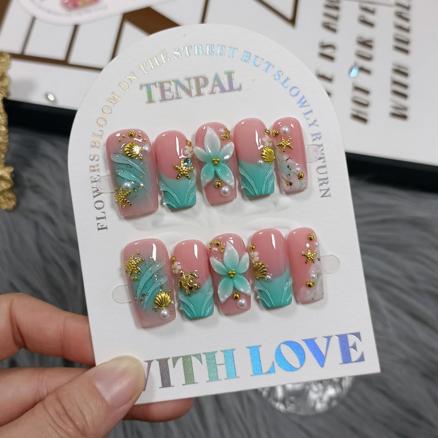TENPAL Handmade Coffin Press on Nails Medium- Emerald Green Blushing Ombre Fake Nails with 3D Starfish & Shell Design, Coastal Elegance Style Glossy Acrylic Flowers False Nails with Tools(M)