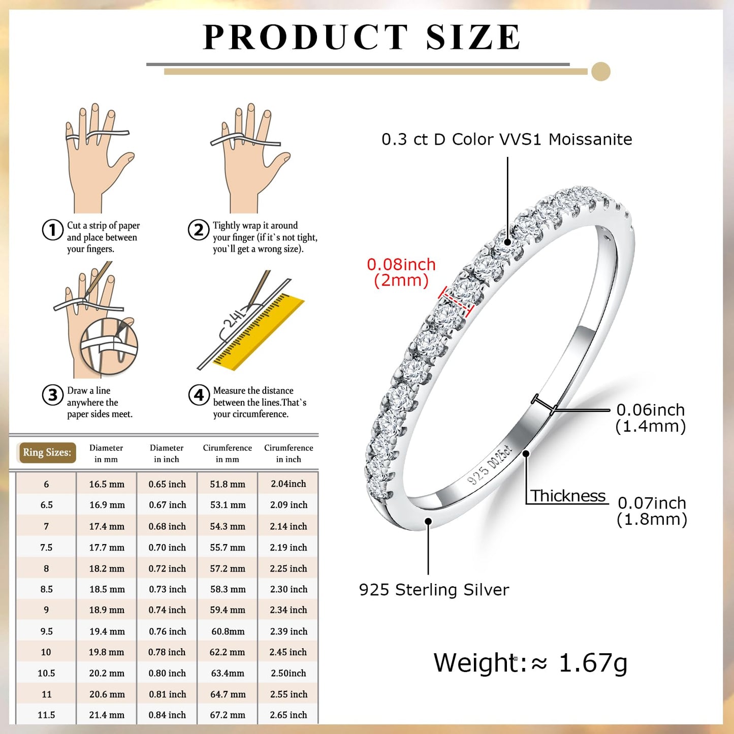 AGRULE Moissanite Eternity Band Ring 0.25 Cttw 14k White Gold Plated Sterling Silver Bezel Set Anniversary Ring 1.4mm Wide Wedding Band for Men Women, Size 8