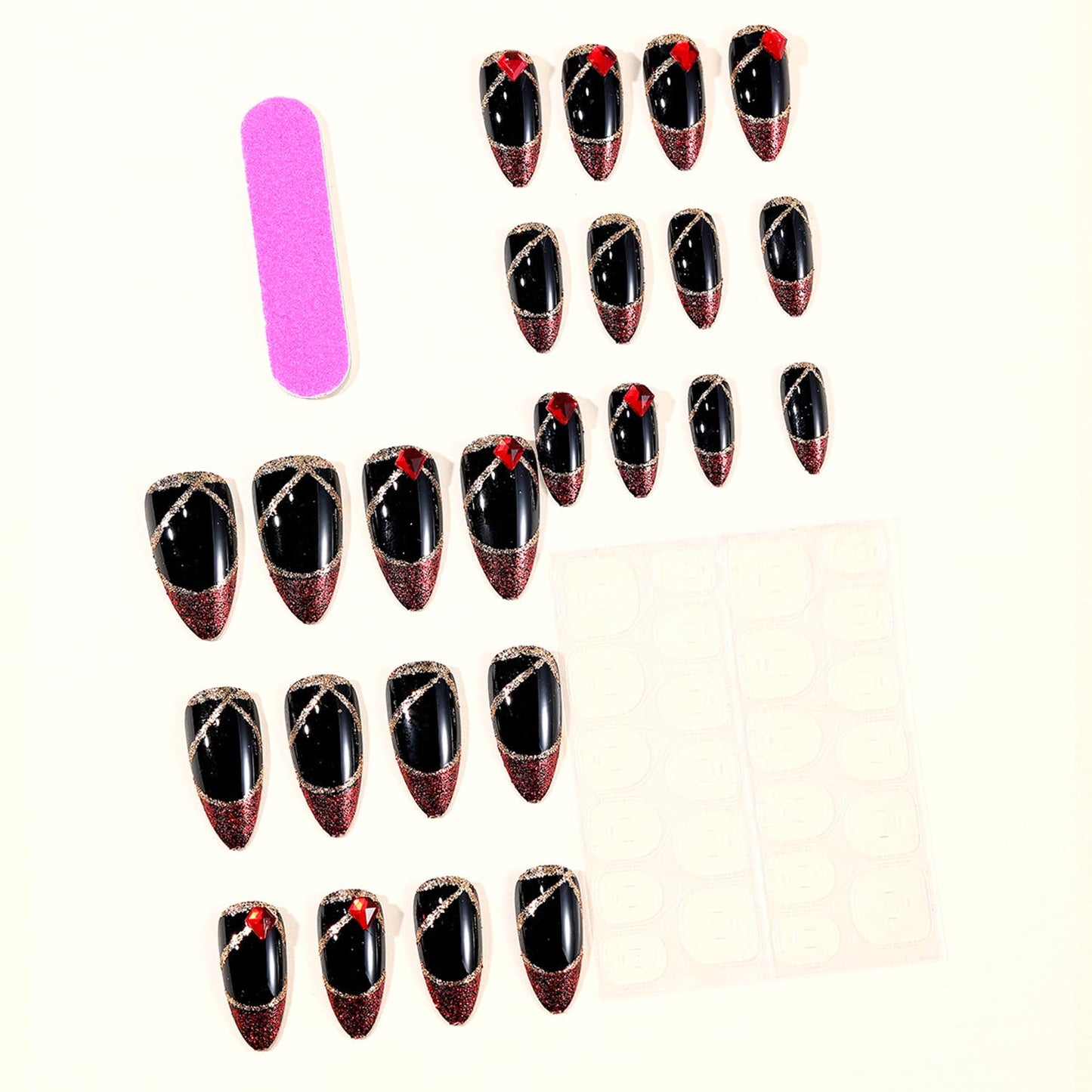 24Pcs Red Glitter French Tip Press on Nails - Medium Almond Fake Nails Press ons 3D Red Rhinestone Designs Gold Lines False Nails Black Glossy Full Cover Reusable Acrylic Stick on Nails for Women