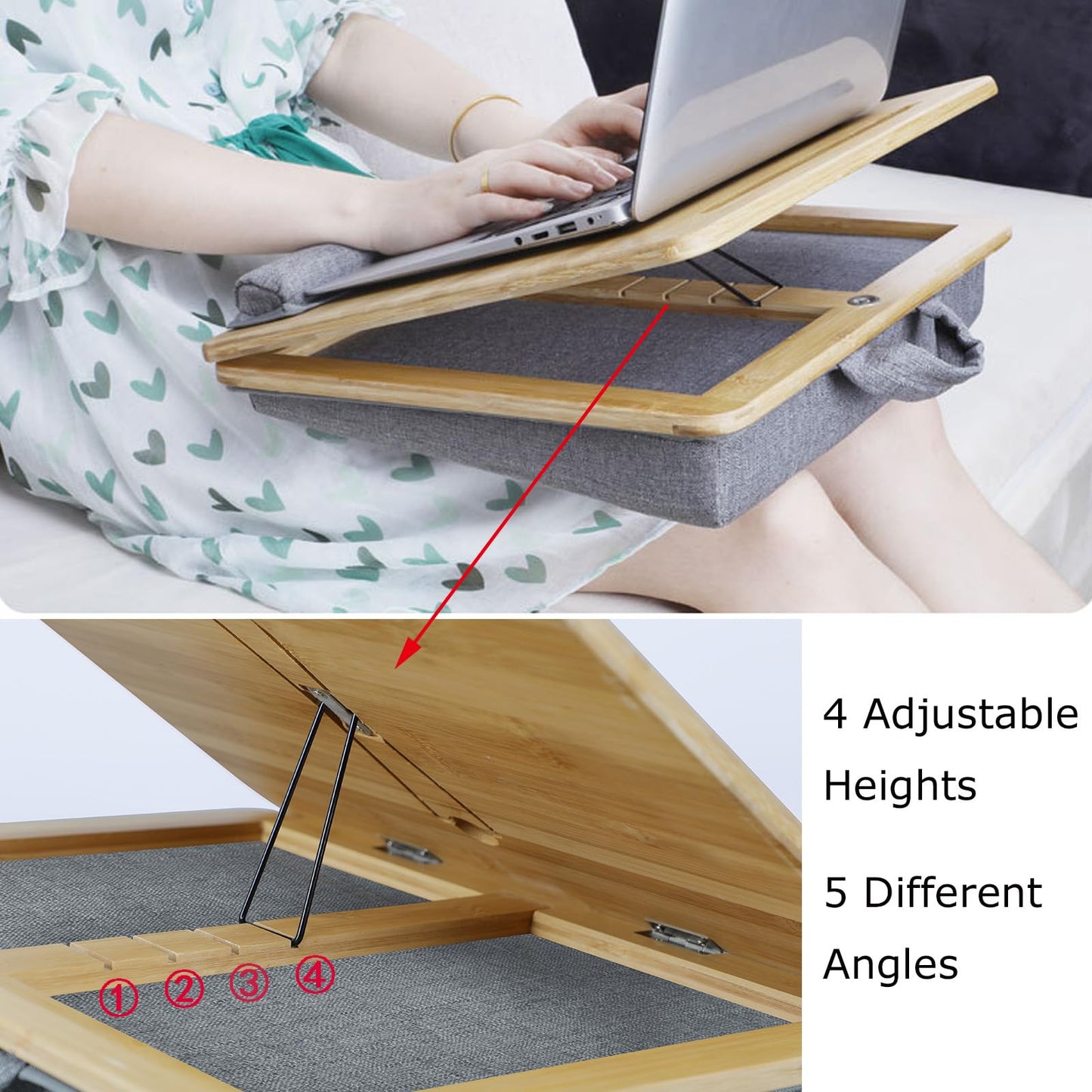 SUMISKY Adjustable Lap Desk-Portable Laptop Stand with Cushion, Bamboo Platform with Phone Holder, Wrist Pad Fits up to 15.6 Inch Laptops