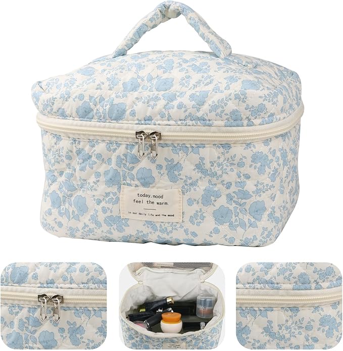 Makeup Bag Travel Essentials Quilted Cosmetic Toiletry Pouch Organizer Insert for Women Dorm Room Essential Gift Large Capacity Opening Lightweight Cute Aesthetic Portable 2PCS (Floral)