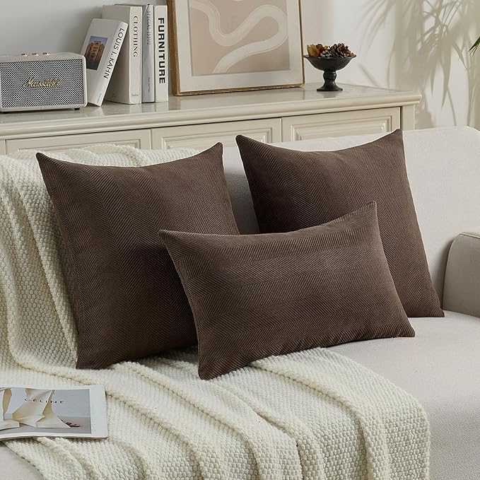 FUTEI Dark Coffee Chenille Throw Pillow Covers 22x22 Inch Set of 2,Soft Wide Chevron Textured Cushion Case,Farmhouse Home Decor for Couch Bed Living Room