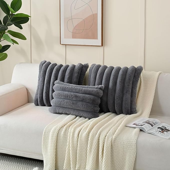 FUTEI Grey Decorative Throw Pillow Covers 16x16 Inch Set of 2, Square Soft Faux Rabbit Fur Thick Striped Cushion Cover,Winter Home Decor for Couch Bed Living Room