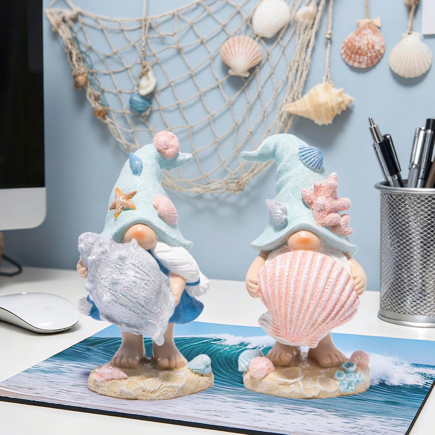 Hodao Coastal Ocean Gnome Figurines – Hand-Painted Resin Beach Gnomes with Seashell & Starfish Hats, Summer Sea Decorations for Indoor Home, Bedroom & Tabletop, for Ocean Lovers